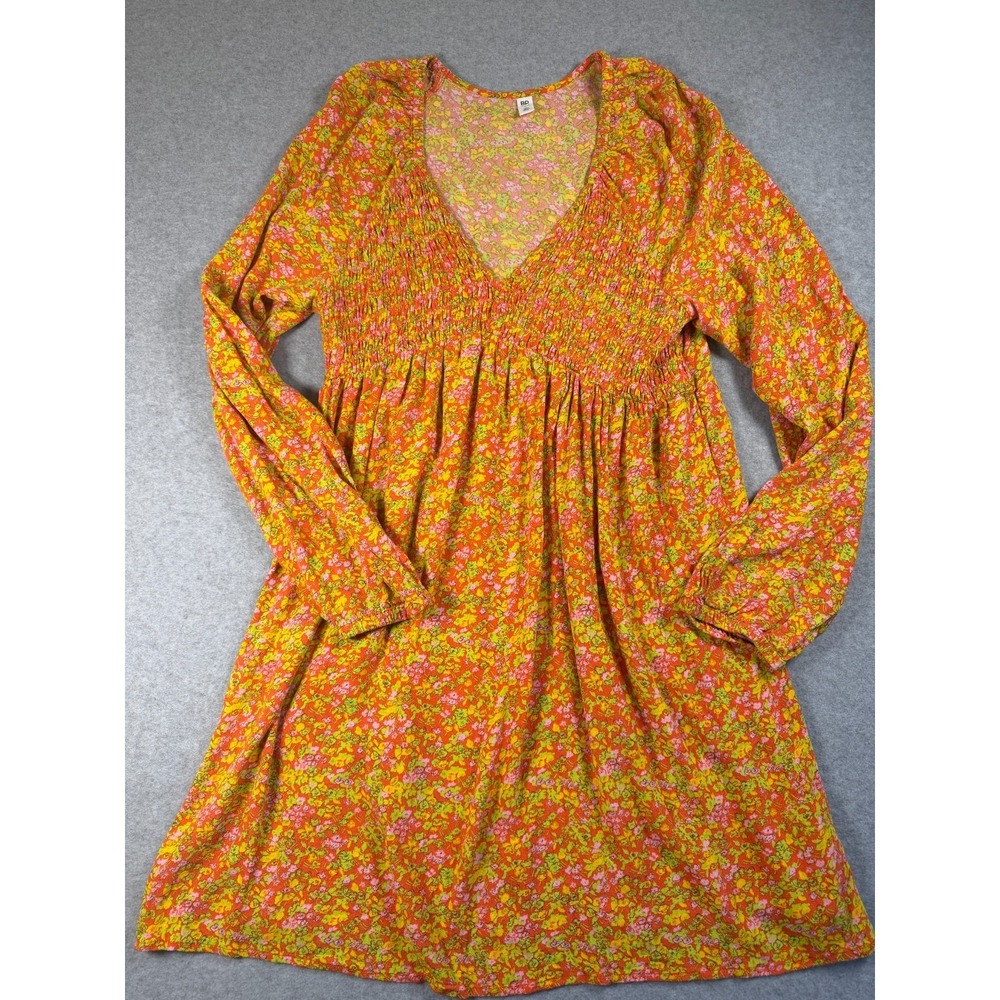 BP  Size Lg  V-Neck Long Sleeve Babydoll Minidress Tunic Orange Floral SKU 214